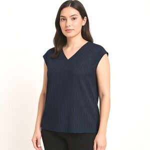 MM.LaFleur Pinstripe Top Women +2 2X Navy Blue V-Neck Cap Sleeve Office Career
